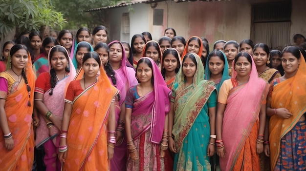 Un grupo de mujeres se para en un grupo con saris naranjas y rosas.