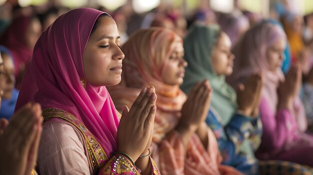 Un grupo de mujeres con hijabs coloridos están orando con los ojos cerrados