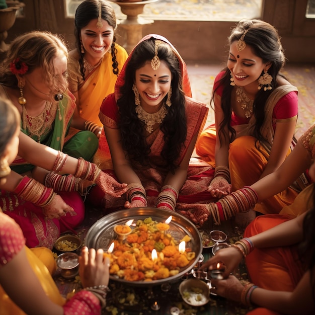 Un grupo de mujeres indias sirven comidas festivas.