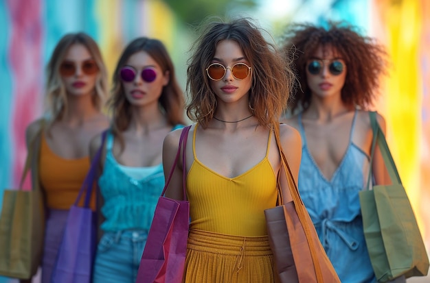 Foto un grupo de mujeres jóvenes con bolsas de compras en cada mano