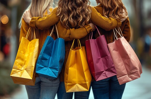 Un grupo de mujeres jóvenes con bolsas de compras en cada mano