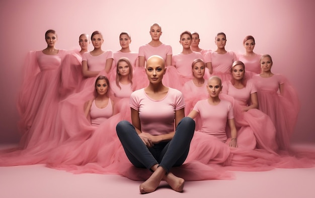 Grupo de mujeres jóvenes con camiseta rosa Día del cáncer de mama IA generativa