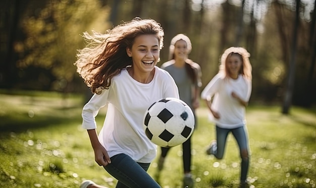 Un grupo de mujeres jóvenes participando en un partido de fútbol