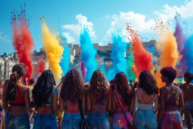 Foto un grupo de mujeres jóvenes de pie una al lado de la otra celebrando y disfrutando de los vibrantes colores de la