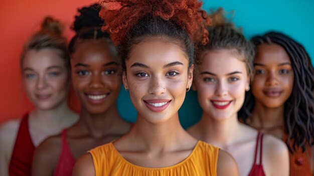 Foto un grupo de mujeres jóvenes de pie juntas frente a una pared azul