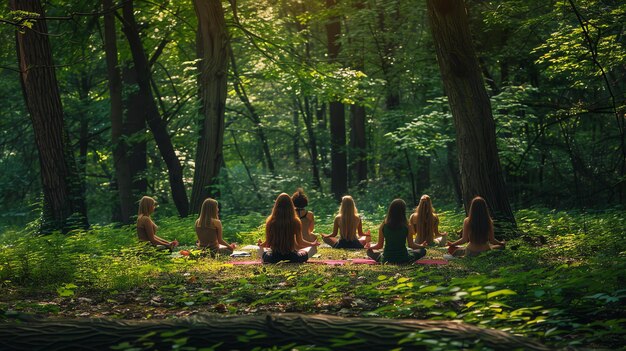 Foto grupo de mujeres jóvenes practicando yoga en el bosque