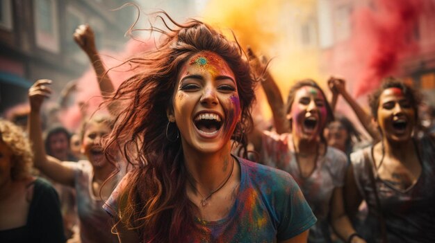 Un grupo de mujeres jóvenes saltando en el aire celebrando el festival de Holi