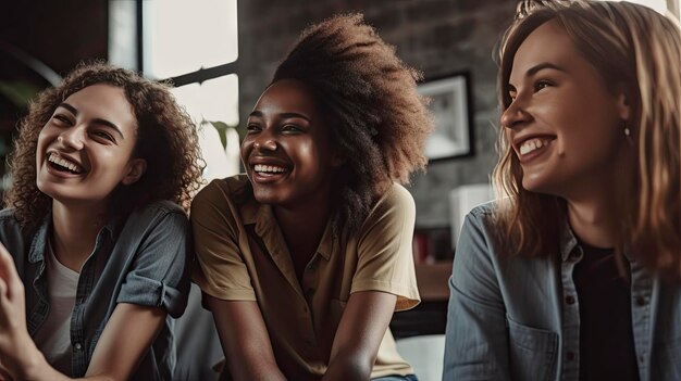 Un grupo de mujeres jóvenes se sientan en una habitación y se ríen.