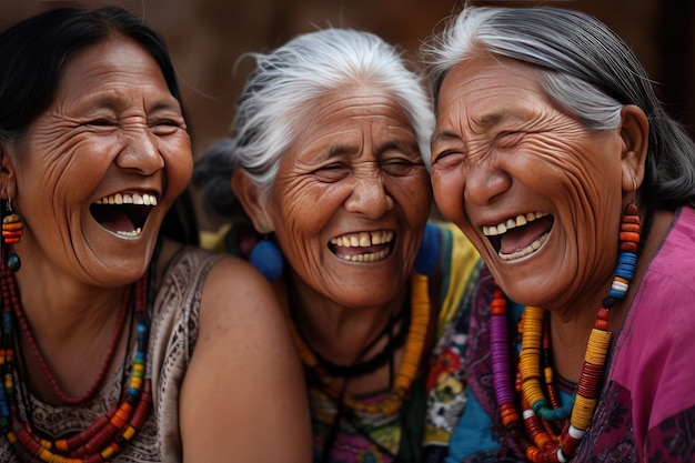 Grupo de mujeres maduras indígenas latinoamericanas riendo