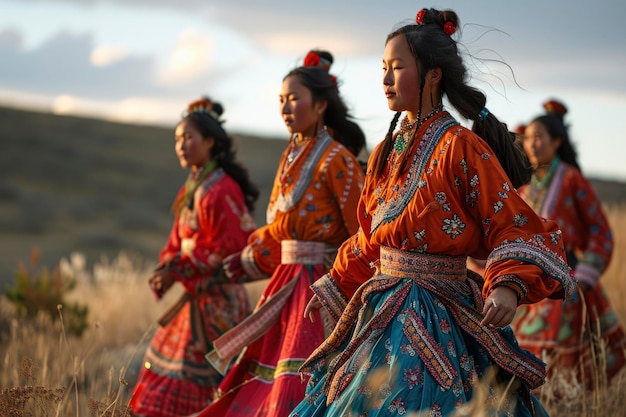 Un grupo de mujeres mongolas en vestidos tradicionales que encarnan el espíritu de la celebración cultural con la luz del sol de la hora dorada que realza la riqueza de su vestimenta colorida