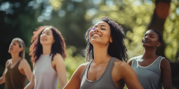 Grupo de mujeres multiétnicas estirando los brazos en clase de yoga al aire libre haciendo ejercicios de respiración en el parque