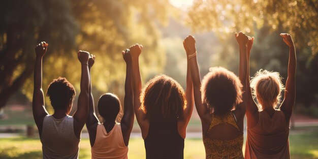 Foto grupo de mujeres multiétnicas estirando los brazos en clase de yoga al aire libre haciendo ejercicios de respiración en el parque