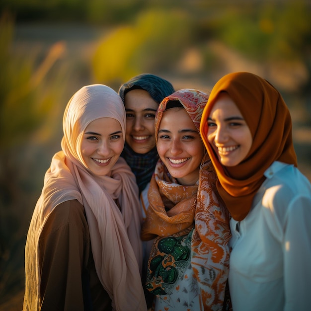 grupo de mujeres multiétnicas sonriendo con hijab al aire libre