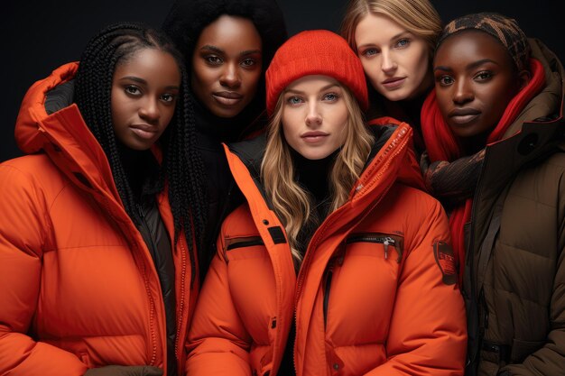 Foto grupo de mujeres multirraciales con chaquetas de invierno calientes en negro