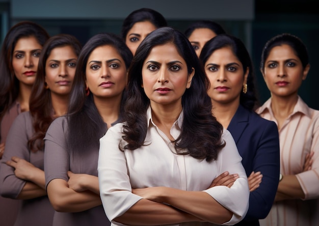 un grupo de mujeres de negocios indias de pie con los brazos cruzados detrás de sus espaldas