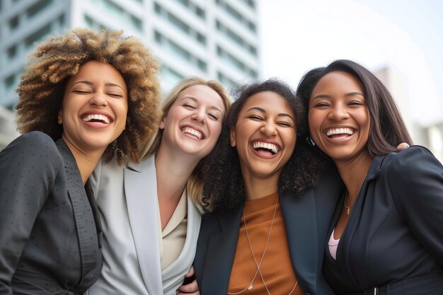 Un grupo de mujeres de negocios riendo juntas fuera de la oficina