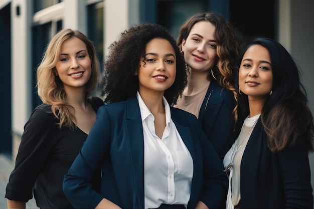 Foto un grupo de mujeres se paran afuera frente a un edificio.