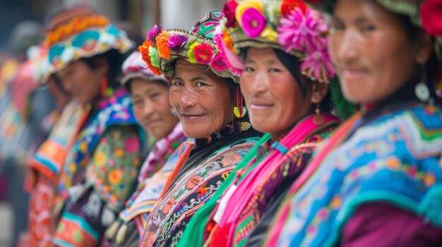 Un grupo de mujeres de pie juntas cada una con un sombrero de colores brillantes diferentes en sus cabezas