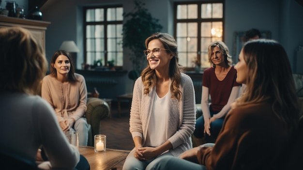 Grupo de mujeres de pie juntas sonriendo y charlando