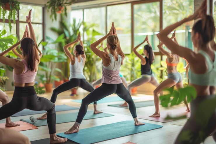 Grupo de mujeres practicando yoga en un estudio iluminado por el sol con una decoración chic urbana y plantas verdes exuberantes