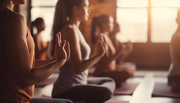 un grupo de mujeres practicando yoga en un estudio de yoga