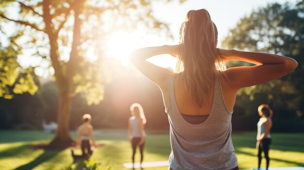 Grupo de mujeres practicando yoga en la naturaleza.