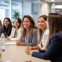 Foto un grupo de mujeres profesionales sentadas alrededor de una mesa y sonriendo