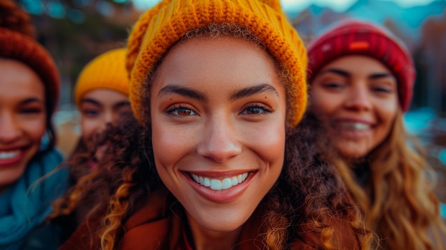 Grupo de mujeres que llevan sombreros y bufandas de punto IA generativa