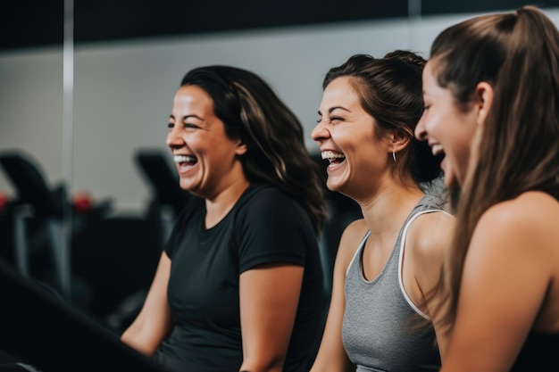 Un grupo de mujeres riéndose en un gimnasio.