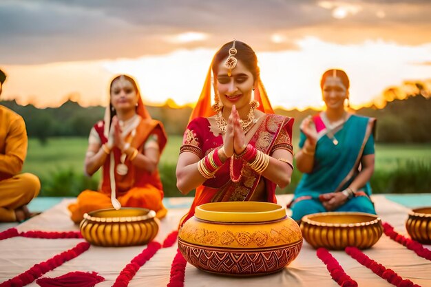 Foto un grupo de mujeres en saris con el sol detrás de ellos