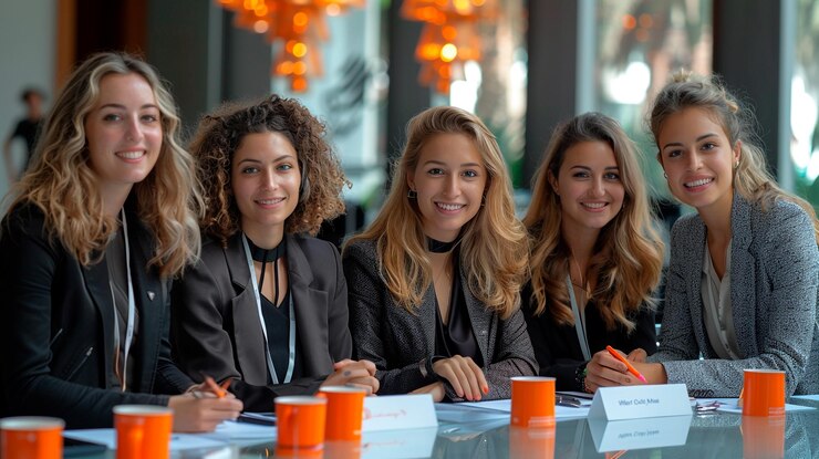 Foto un grupo de mujeres sentadas en una mesa con tazas de naranja