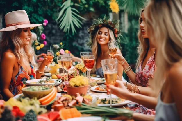 Un grupo de mujeres se sienta alrededor de una mesa con comida y bebidas.