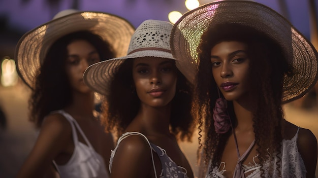 Un grupo de mujeres con sombreros se paran frente a una farola.