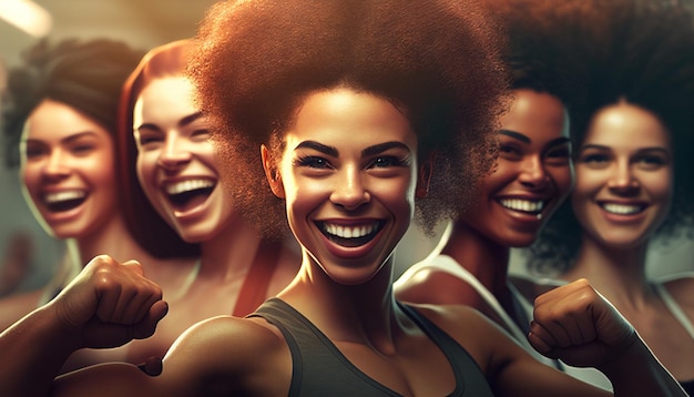 Un grupo de mujeres sonriendo en el gimnasio IA generativa