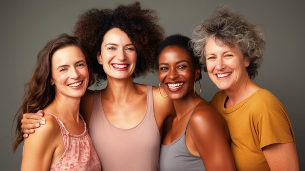 Grupo de mujeres sonrientes de pie juntas en un fondo aislado