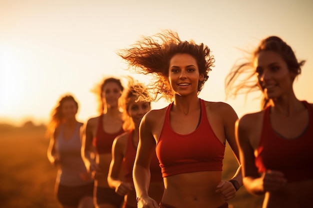 Grupo de mujeres trotando y corriendo en la calle al amanecer