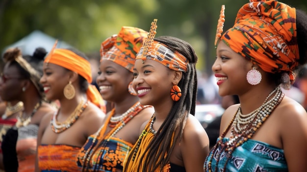 Un grupo de mujeres vestidas de naranja y negro hacen fila, vestidas de naranja y negro.