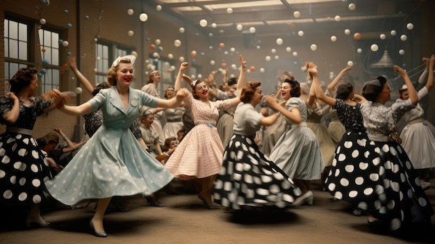 un grupo de mujeres con vestidos azules están bailando con burbujas en el fondo.