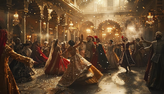 Un grupo de mujeres con vestidos de baile están bailando en un salón de baile