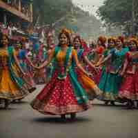 Foto un grupo de mujeres con vestidos coloridos están bailando en la calle