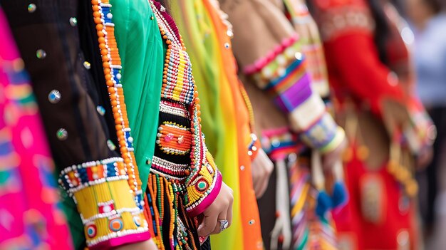 Un grupo de mujeres con vestidos tradicionales coloridos con intrincados bordados y perlas