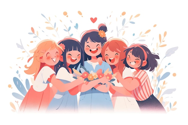 grupo mulheres amigos abraçando ilustração ilustração estilo anime desenho colorido