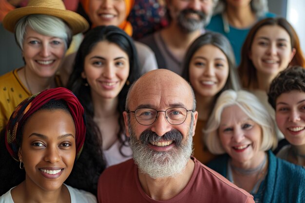 Un grupo multicultural alegre, sonriente y unido