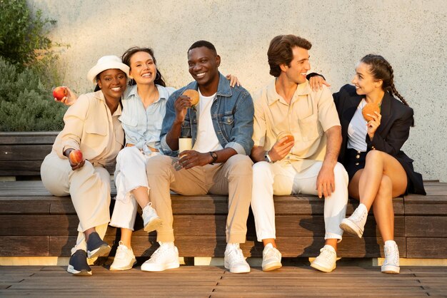 Grupo multicultural de amigos estudantes têm pausa de almoço ao ar livre