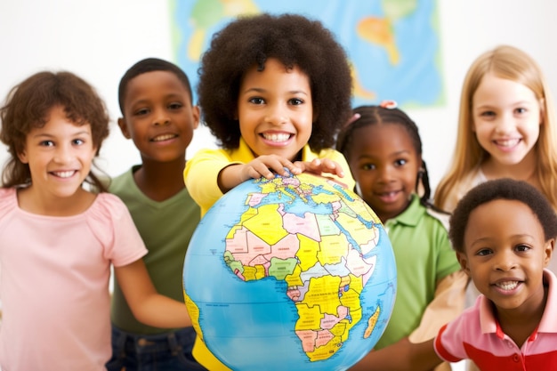 Grupo multicultural de crianças felizes e otimistas segurando um globo sorrindo interagindo no ensino fundamental