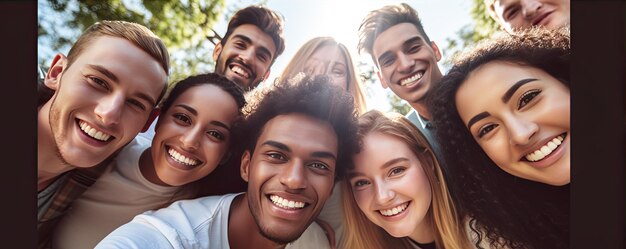 Grupo multicultural de pessoas sorrindo para a câmera, pessoas felizes e simpáticas tirando selfie.