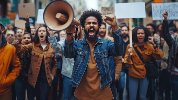 Grupo multicultural enérgico protestando por mudança com homem com megafone liderando a multidão