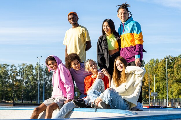 Grupo multicultural de jóvenes amigos que se unen al aire libre y se divierten - Adolescentes elegantes y geniales reunidos en un parque de patinaje urbano