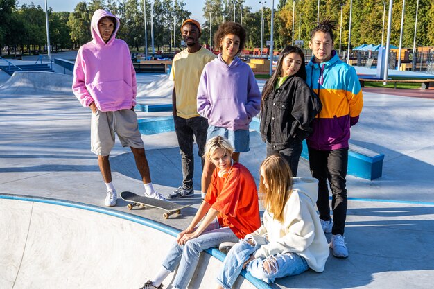 Grupo multicultural de jóvenes amigos que se unen al aire libre y se divierten - Adolescentes elegantes y geniales reunidos en un parque de patinaje urbano