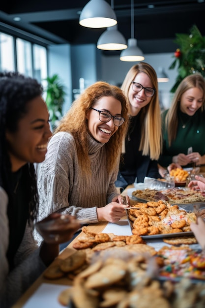 Un grupo multiétnico de amigas disfrutando de una fiesta navideña con galletas y bebidas